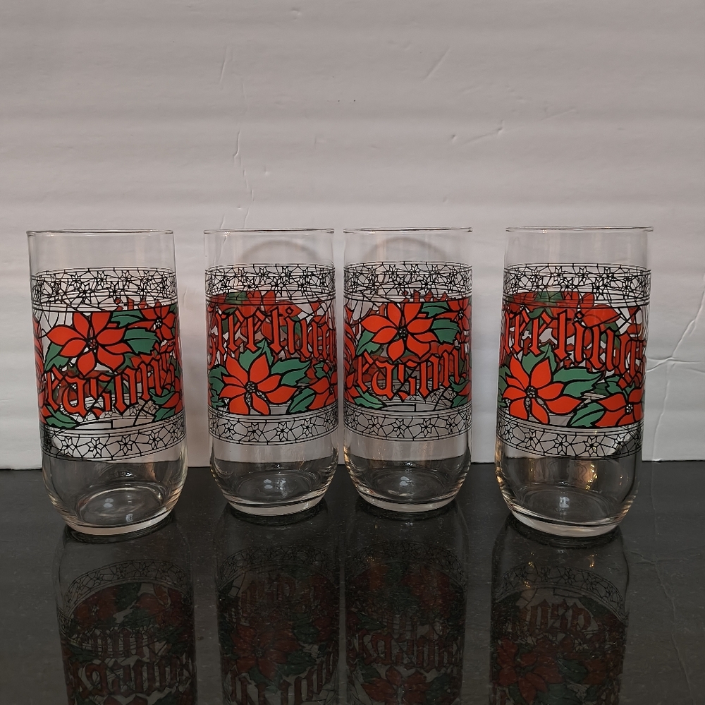 4 Vintage Luminarc Stained Glass Style Seasons Greetings Poinsettia Glasses